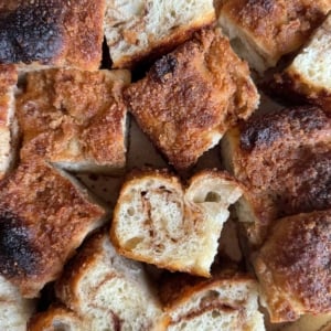 sliced servings of cinnamon roll focaccia bread.