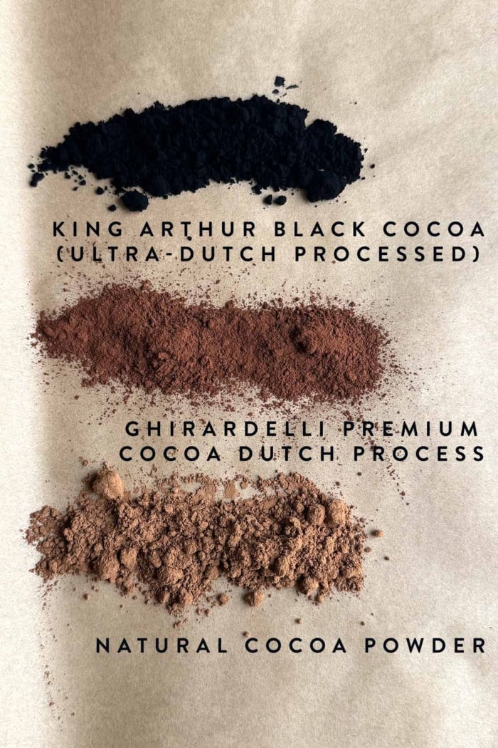 three different colors of cocoa powder displayed on parchment paper.