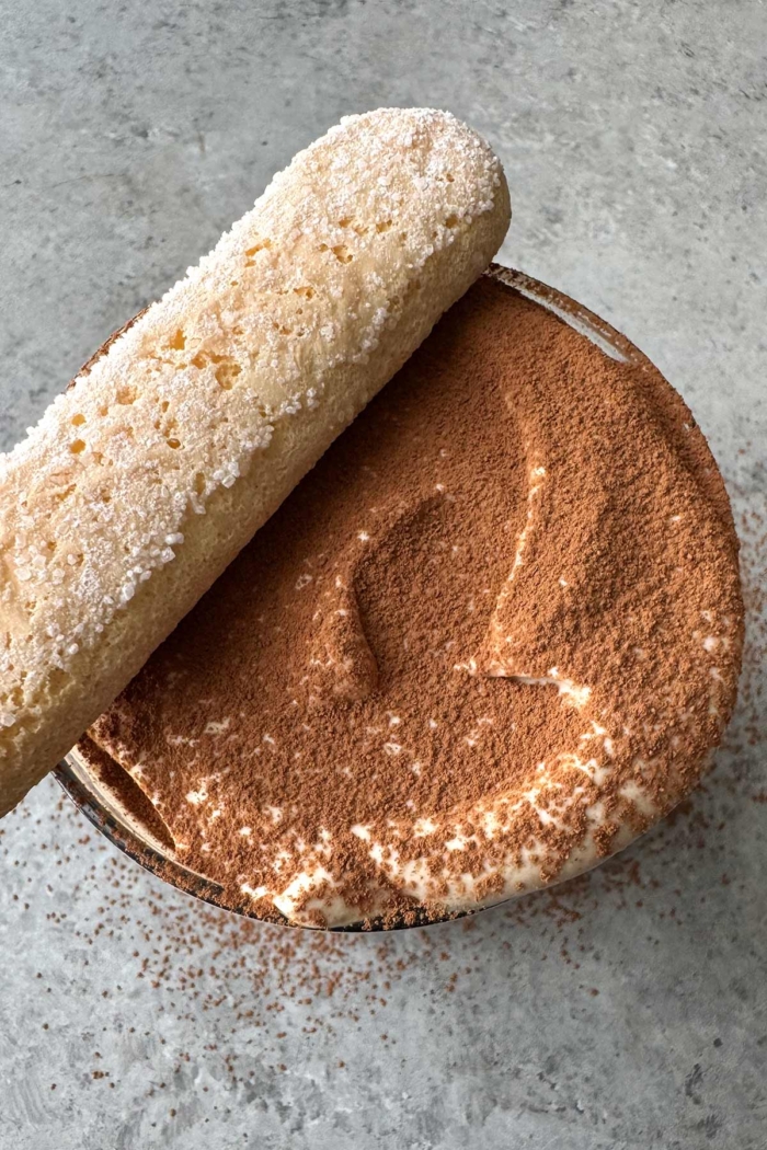 overhead view of cocoa dusted tiramisu cold brew coffee drink. 