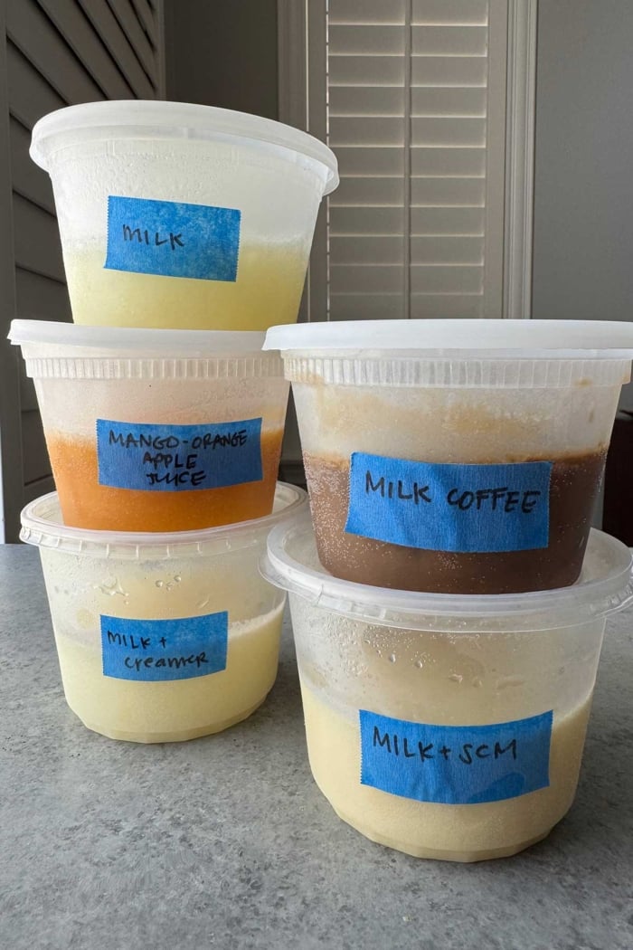 five varieties of frozen liquids ready for electric ice shaver machine.