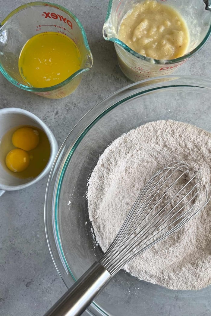 whisk dry ingredients together followed by wet ingredients. 