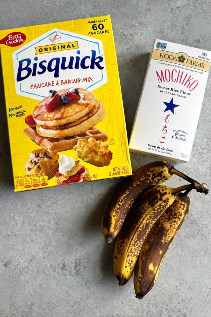 box of bisquick, box of mochiko, and ripe bananas.