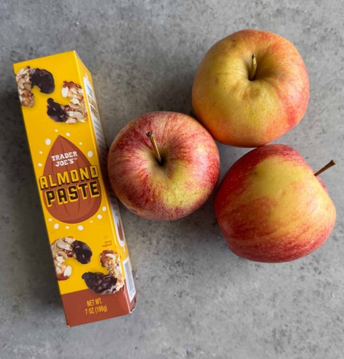trader joe's almond paste and three apples.