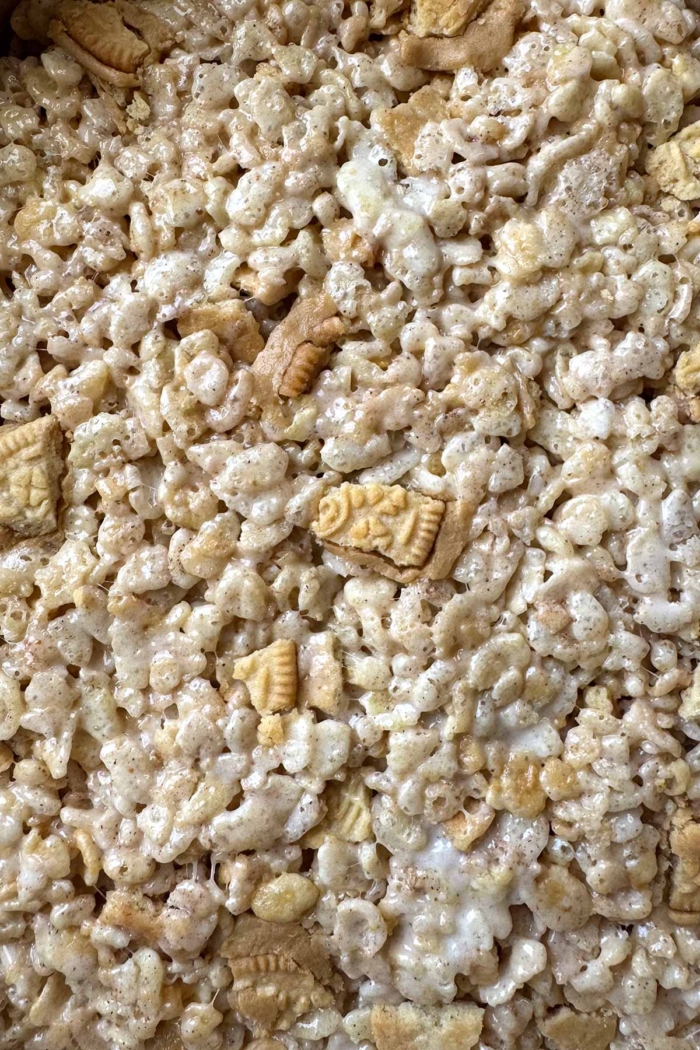 close up of brown butter apple pie a la mode oreo rice krispies cereal treats.