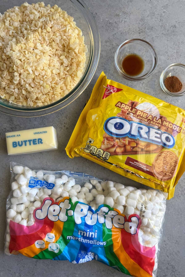 rice cereal, butter, mini marshmallows, apple pie a la mode Oreos.