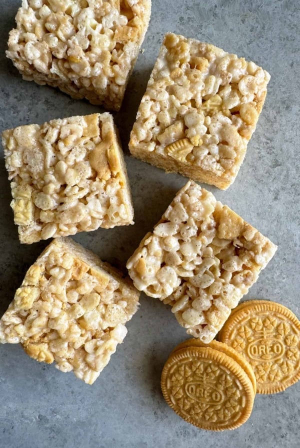 apple pie oreo folded into cinnamon brown butter rice crispy cereal treats.