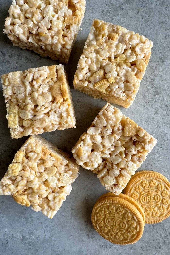 apple pie oreo folded into cinnamon brown butter rice crispy cereal treats.