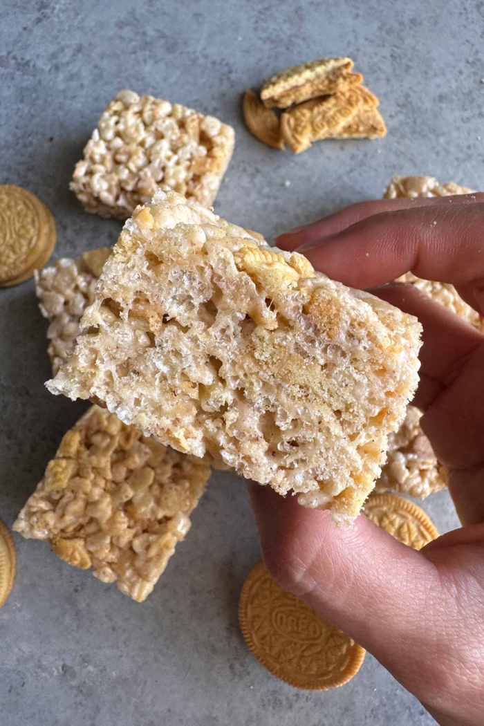 thick rice cereal treat made in 9-inch square pan.