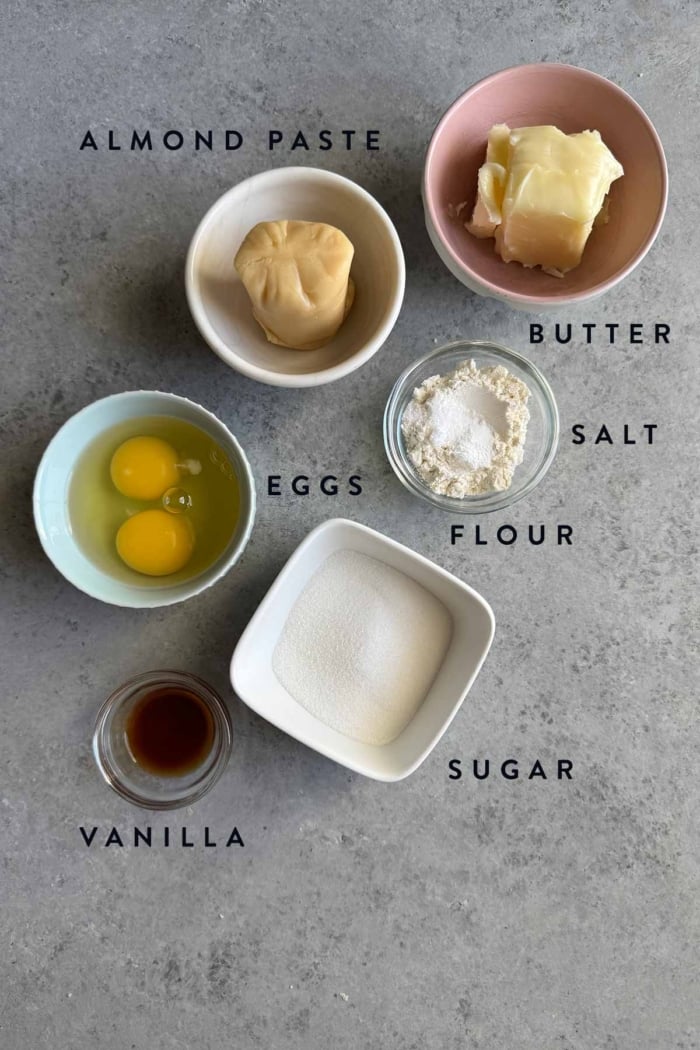 frangipane ingredients include almond paste, butter, eggs, sugar, flour.