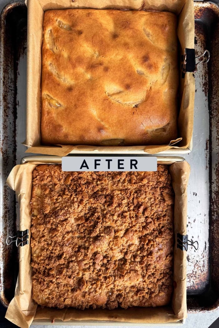 cake batter after baking in two 8-inch square pans.