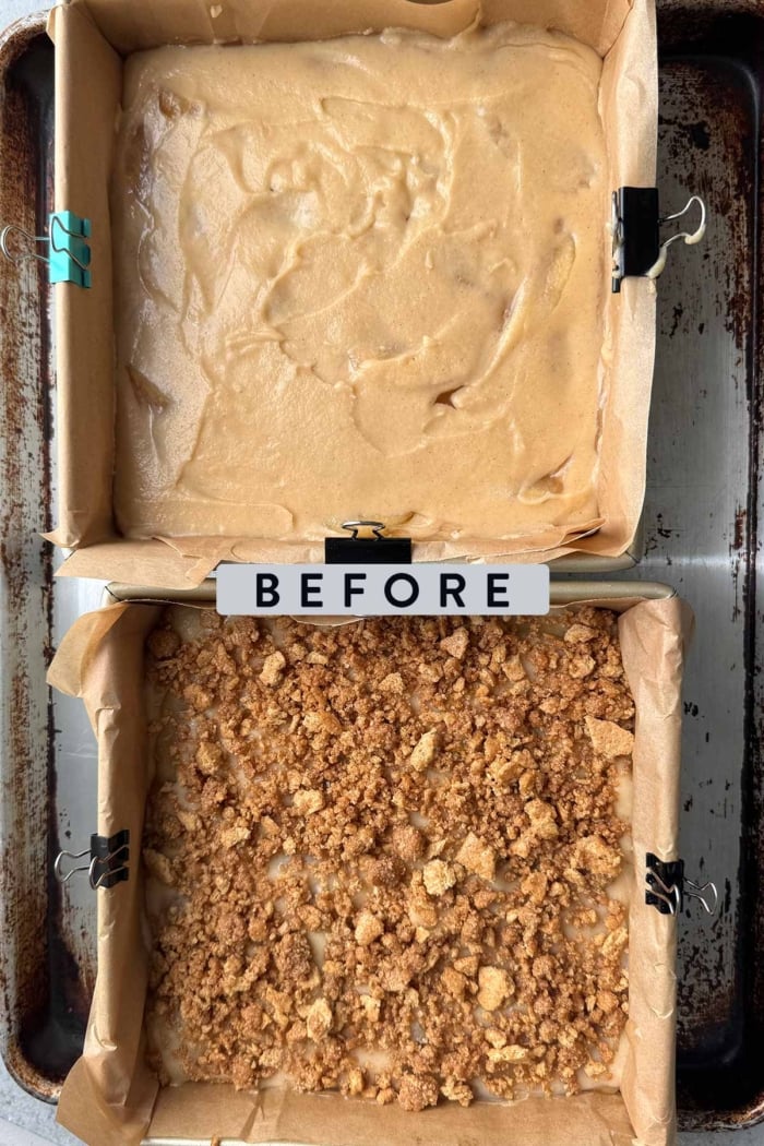 cake batter before baking in two 8-inch square pans.