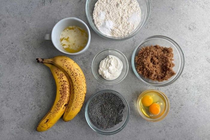 overhead portioned out ingredients for black sesame banana bread recipe.
