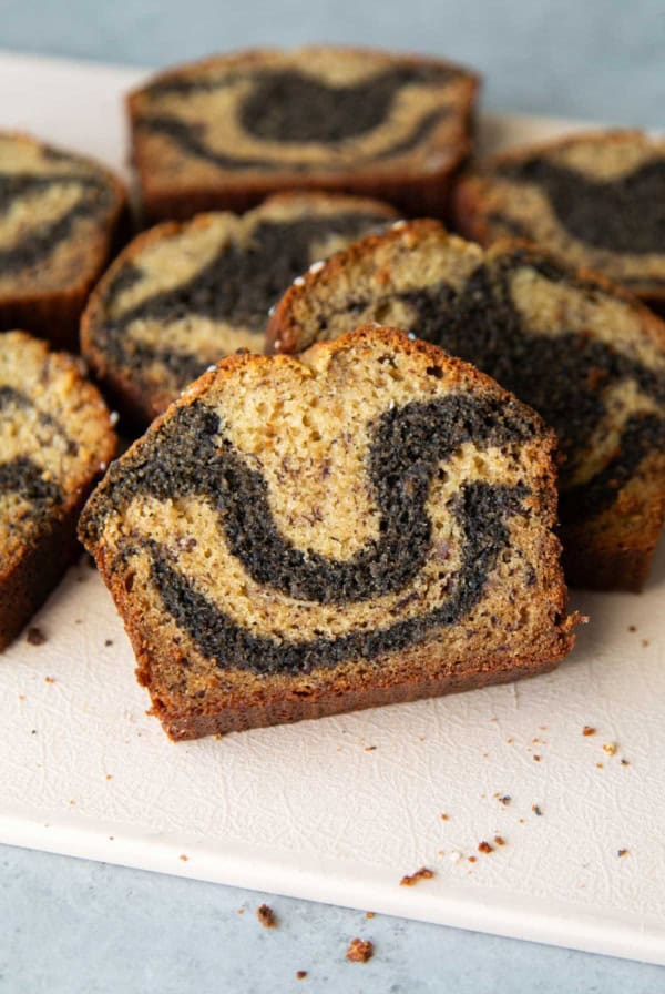 black sesame banana bread slice.
