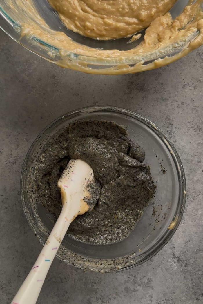 separate portion of banana bread batter to mix with black sesame powder.