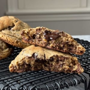 thick chocolate chunk cookie interior shot on black cooling rack.