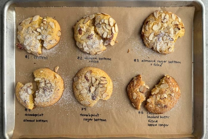six different variations of the same cookie dough assembled differently.