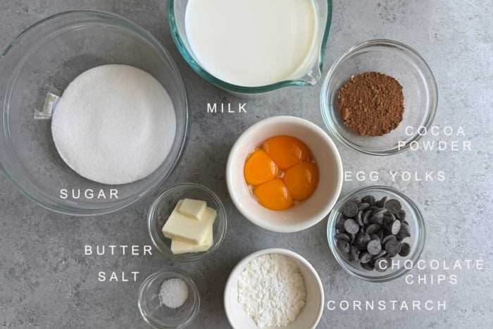 layout of portioned ingredients needed to make chocolate pastry cream.