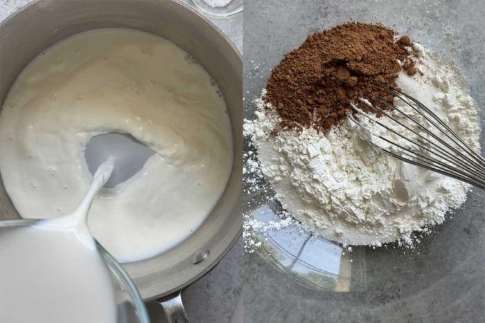 heat milk in pot while you mix dry ingredients in separate bowl.