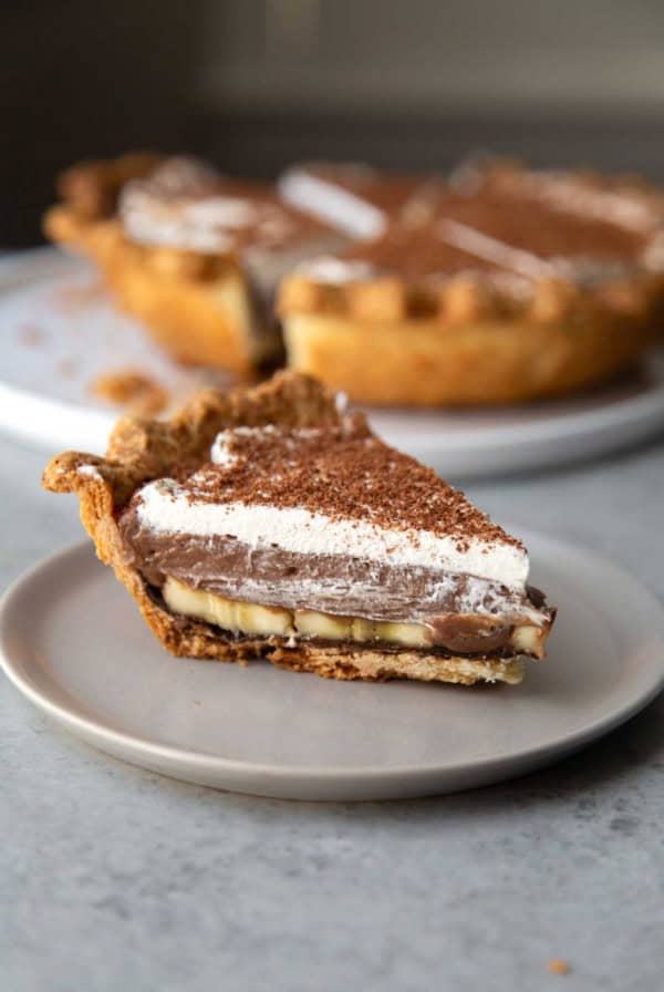 slice of banana chocolate pastry cream pie.