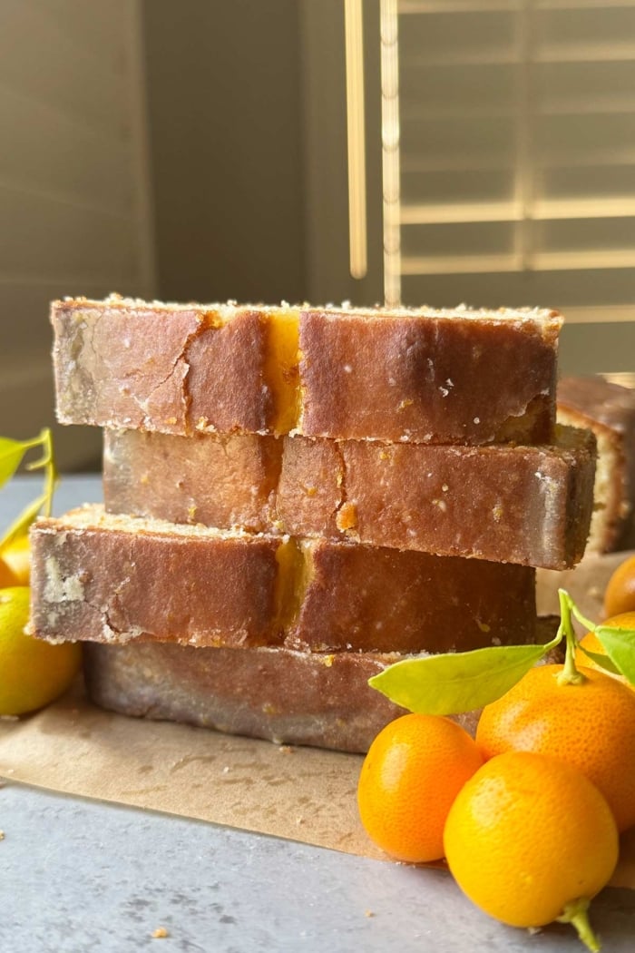 close up of glazed calamansi filipino pound cake.
