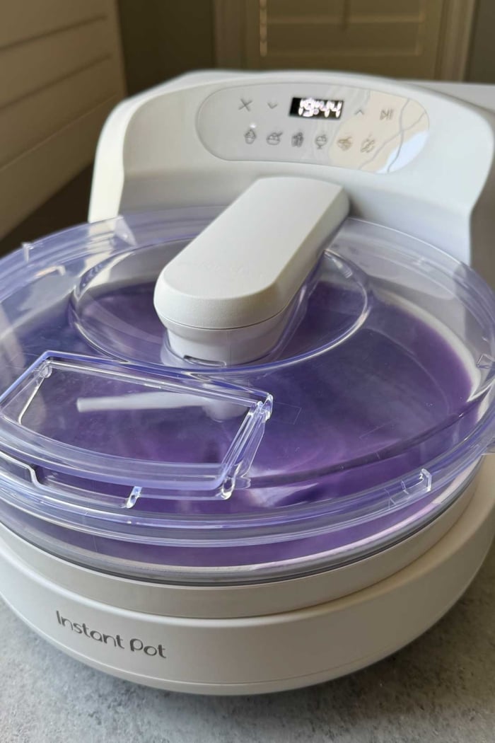 ube ice cream churning in Instant Pot Instant Chill Machine.