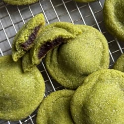 matcha red bean stuffed cookies on wire rack.