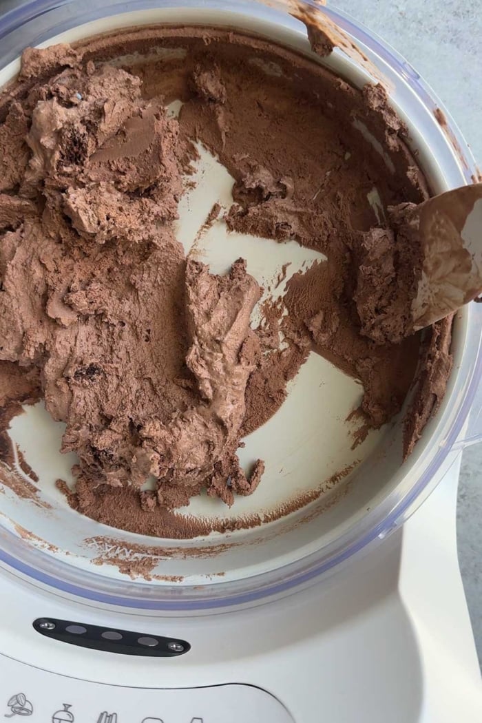 fresh churned chocolate ice cream in Instant Chill bowl.