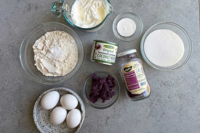 portioned out ingredients needed for sour cream ube cake.