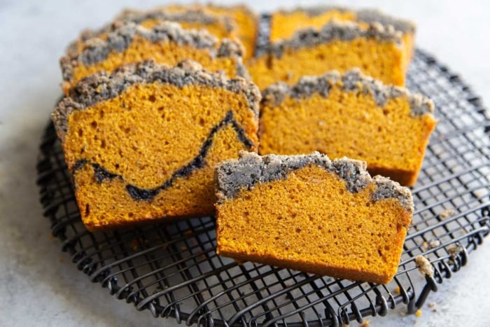 shows two versions of black sesame pumpkin cake.